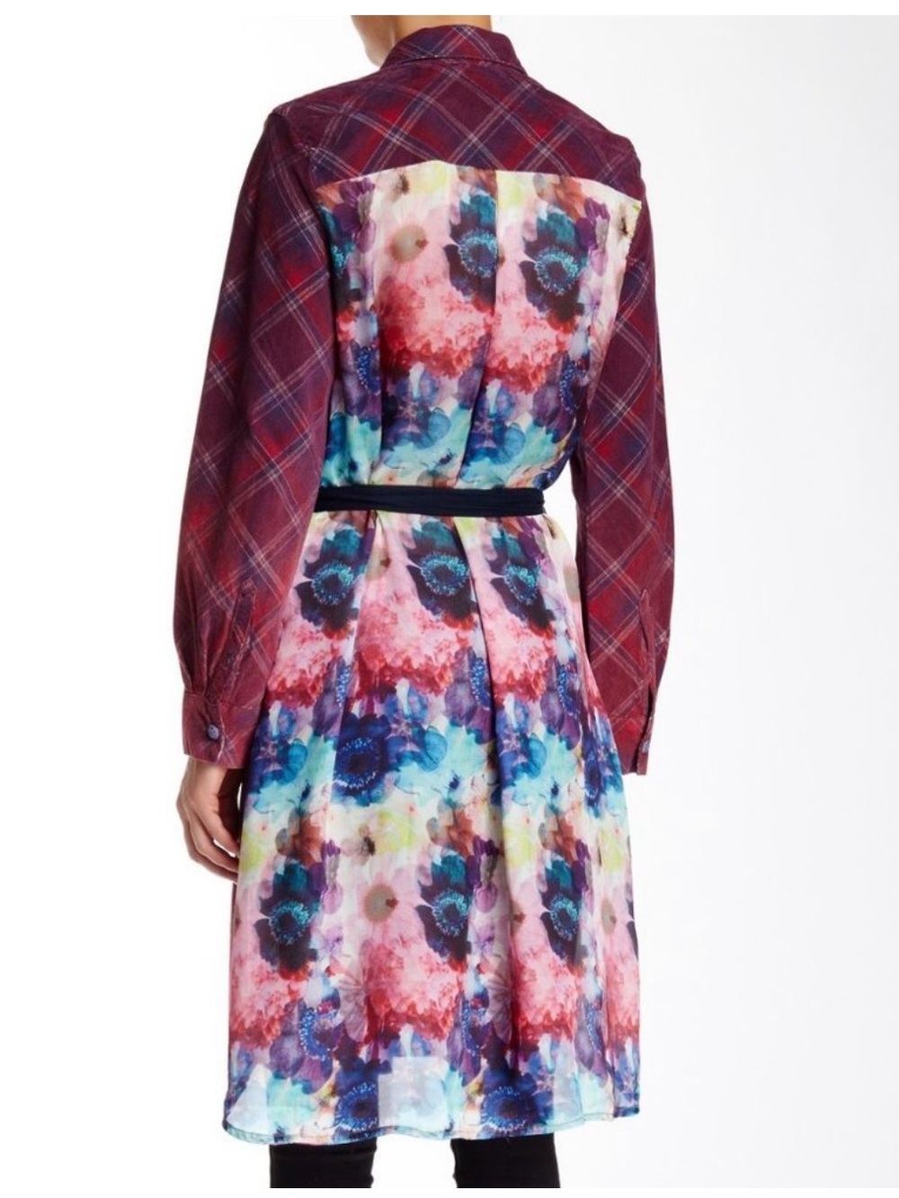 Aratta Silent Journey mix-Print Long Sleeve Floral & Plaid Shirt Dress